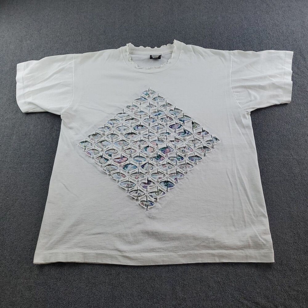 Vintage Textured Distress Diamond T-Shirt Single Stitch Adult L White Made USA